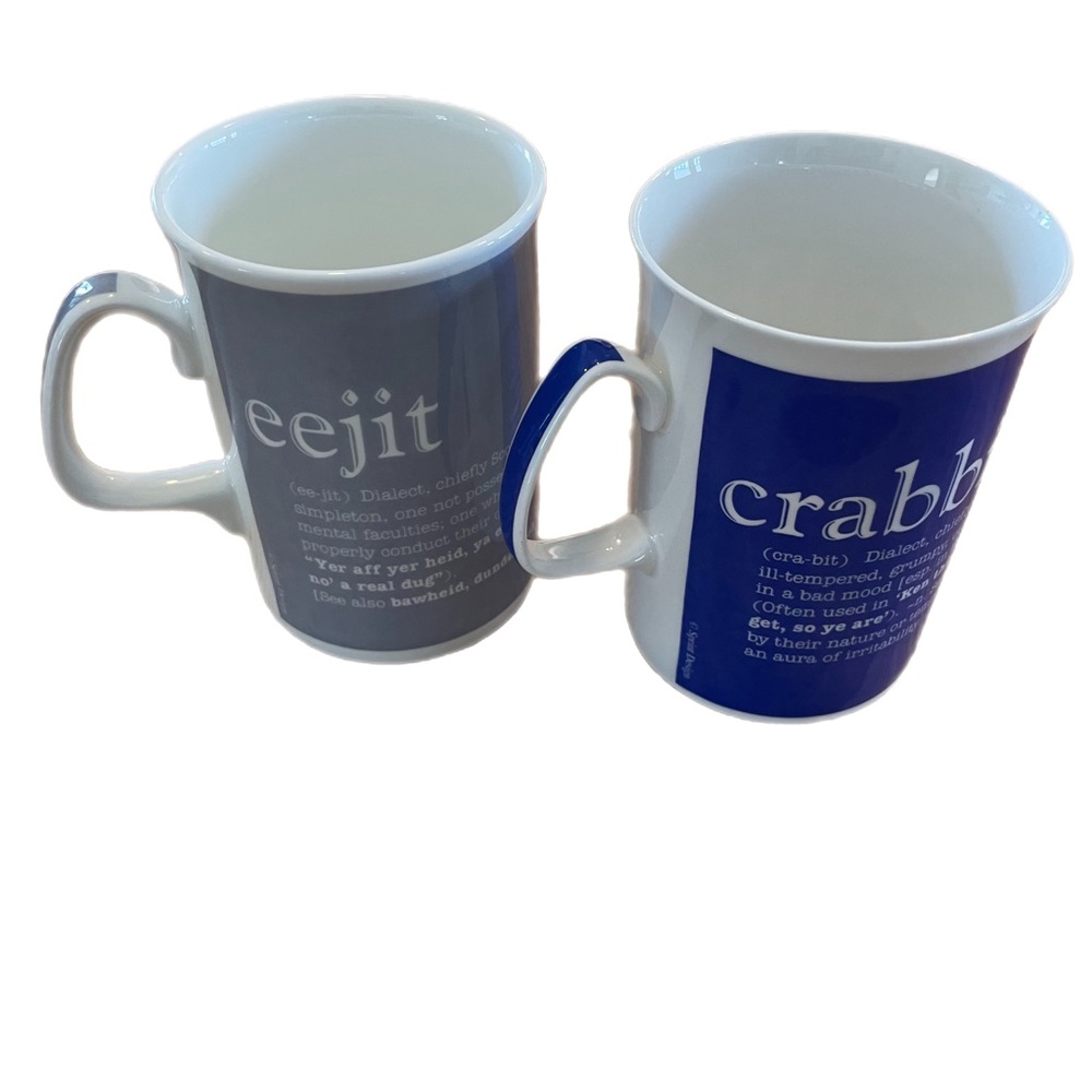 Two Viva bone China mugs with Scottish dialect words.